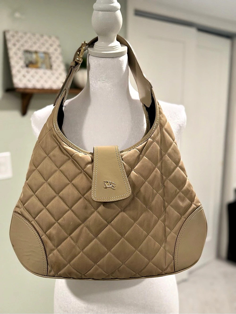 Burberry Quilted Nylon & Leather Hobo Shoulder Bag Beige Gold Hardware + Dust Ba